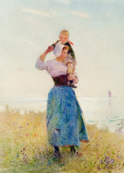 Woman and Child in a Meadow by Hector Caffieri